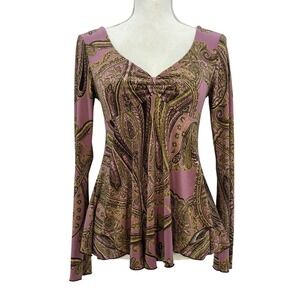 Boho Paisley Babydoll Top XS Flowy Bell Sleeve Fairy Hippie Festival Blouse